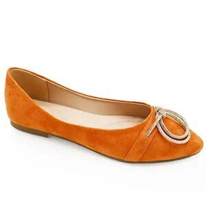 Women’s Orange Suede Ballerina Flats – Rhinestone Bow Accent – Stylish Slip On